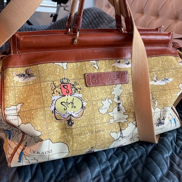 Travel by Sharif Vintage World Map Leather Trim Duffel Weekender Bag - Picture 2 of 11